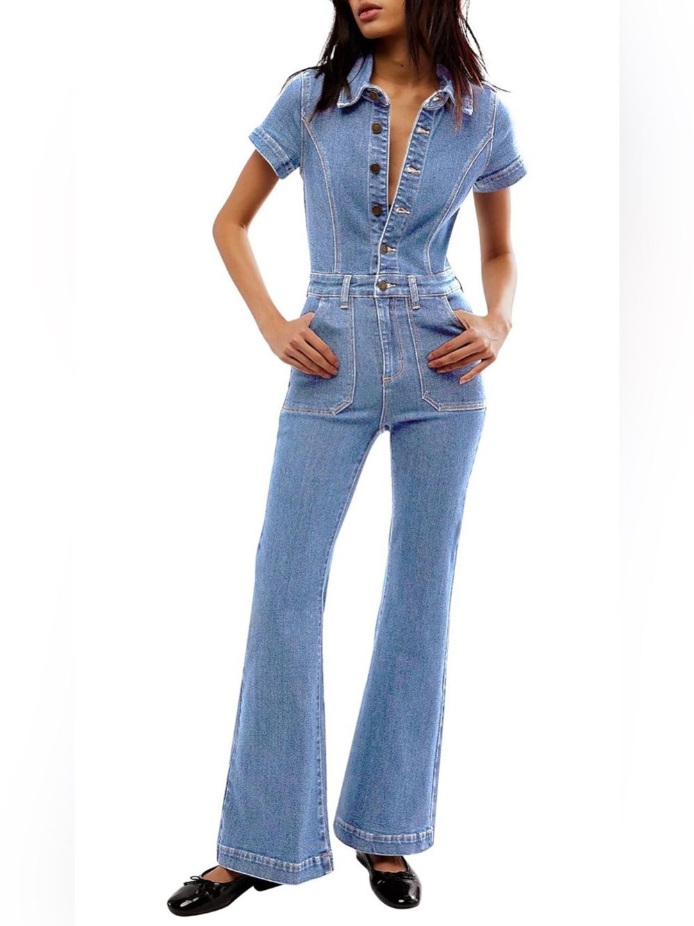 Qazel Vorrlon Women’s Light Blue Denim Flare Wide Leg Jumpsuit Size 8